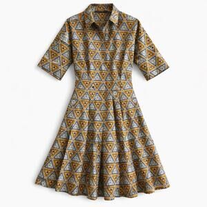 Sofie D’Hoore Geometric Cotton Shirt Dress Mustard Gray Pleated Midi Size S